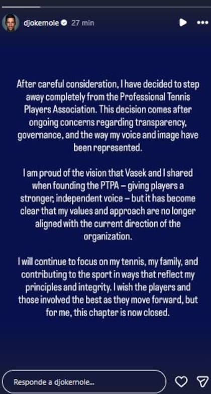 El posteo de Novak Djokovic sobre su decisión de abandonar la Asociación de Jugadores Profesionales de Tenis (PTPA)