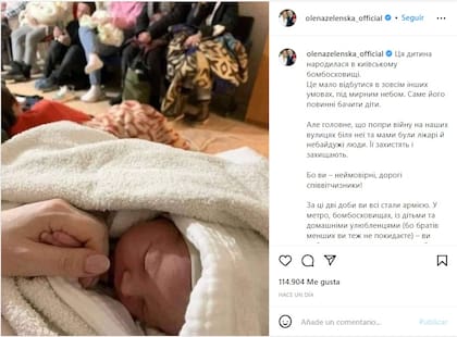El posteo de Olena Zelenska sobre el bebé que nació en un refugio en Kiev (Foto: Instagram)