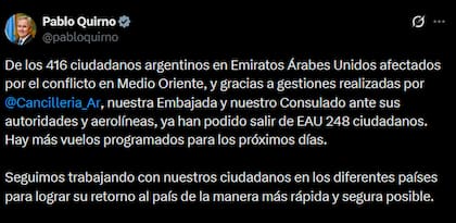El posteo de Pablo Quirno en donde informa sobre los 248 argentinos repatriados