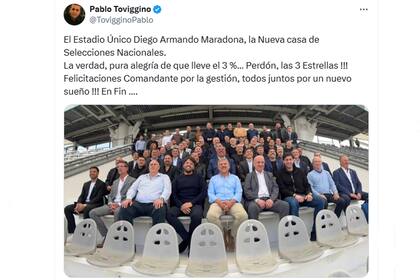 El posteo de Pablo Toviggino, tras la reunión de Tapia con Kicillof en el estadio Único de La Plata