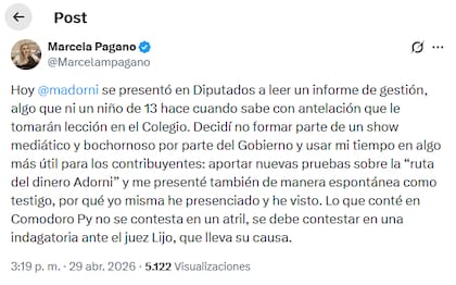 El posteo de Pagano en X