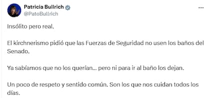 El posteo de Patricia Bullrich en X sobre la polémica por el uso de los baños del Senado