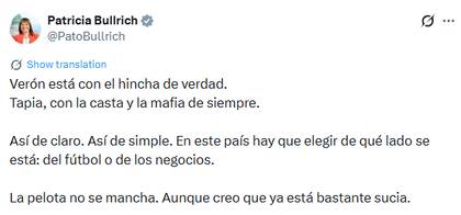 El posteo de Patricia Bullrich lanzó duras críticas contra la gestión de Claudio Tapia (X: @PatoBullrich)