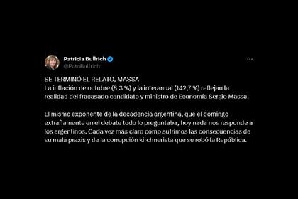 El posteo de Patricia Bullrich tras conocer el número de inflación para el mes de octubre