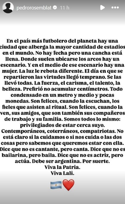 El posteo de Pedro Rosemblat a Lali Espósito