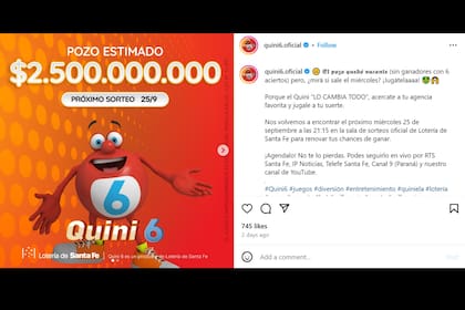 El posteo de Quini 6 sobre el sorteo de hoy