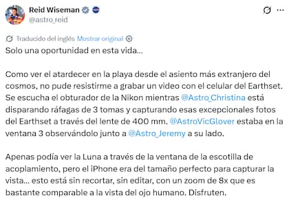 El posteo de Reid Wiseman sobre el video que grabó