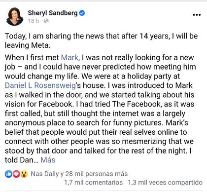 El posteo de Sheryl Sandberg anunciando que abandona Facebook