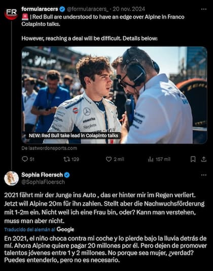 El posteo de Sophia Floresch cuestionando los rumores de la llegada de Colapinto a Alpine