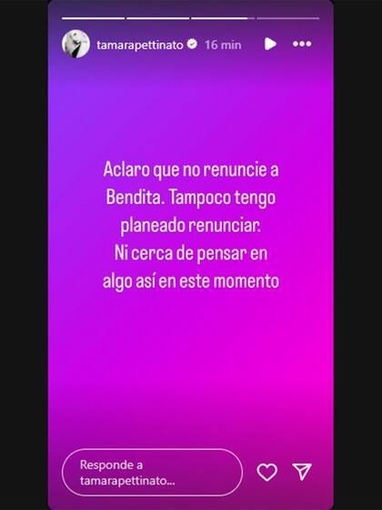 El posteo de Tamara Pettinato en sus historias de Instagram