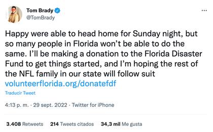 El posteo de Tom Brady para pedir donaciones por el huracán Ian en Florida