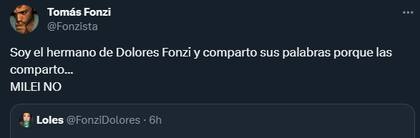 El posteo de Tomás Fonzi contra Milei y a favor de su hermana Dolores