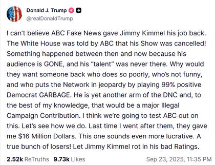 El posteo de Trump contra Jimmy Kimmel en Truth Social