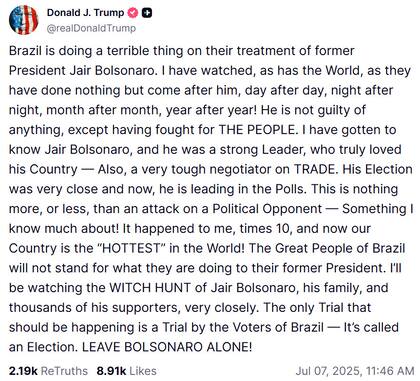 El posteo de Trump defendiendo a Jair Bolsonaro