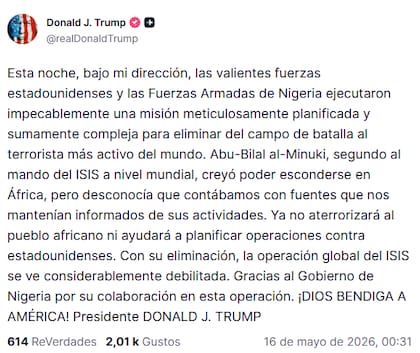 El posteo de Trump en la red social Truth