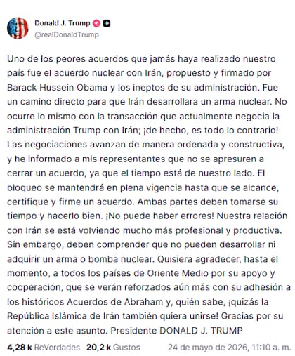 El posteo de Trump en Truth Social