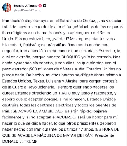 El posteo de Trump en Truth social.