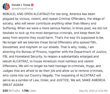 El posteo de Trump sobre la prisión de Alcatraz