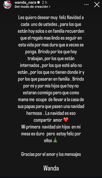 El posteo de Wanda y sus palabras sobre su primera Navidad sin sus hijos