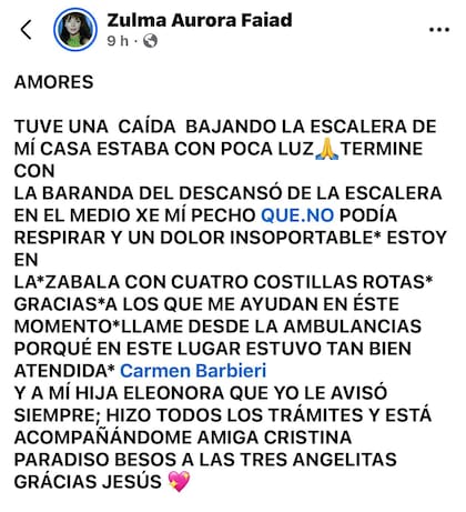 El posteo de Zulma Faiad sobre su accidente doméstico
