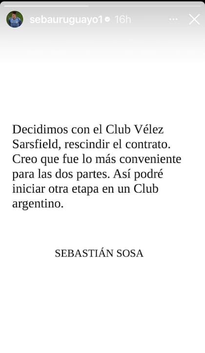 El posteo del arquero Sebastián Sosa en su cuenta de Instagram