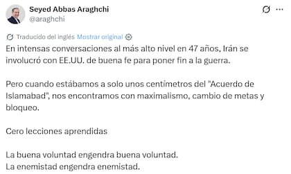 El posteo del canciller iraní