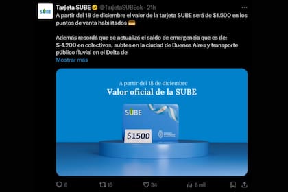 El posteo del comunicado de Tarjeta SUBE