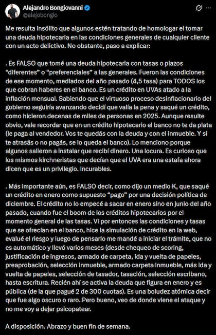 El posteo del diputado libertario Alejandro Bongiovanni