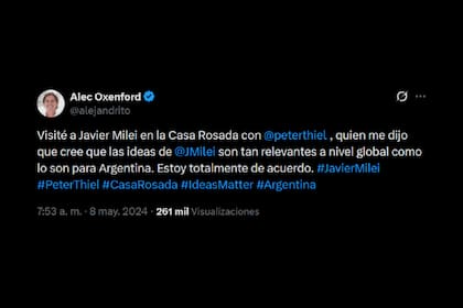 El posteo del embajador de la Argentina en Estados Unidos, Alec Oxenford, tras la reunión entre Milei y Thiel en mayo de 2024