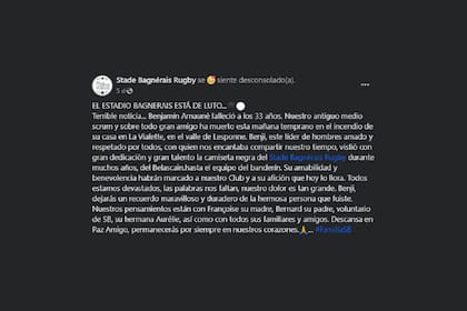El posteo del equipo de rugby Stade Bagnérais tras tomar conocimiento sobre la muerte de Benjamin Arnauné (33)