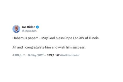 El posteo del expresidente Joe Biden tras la designación de Robert Francis Prevost como líder de la Iglesia Católica