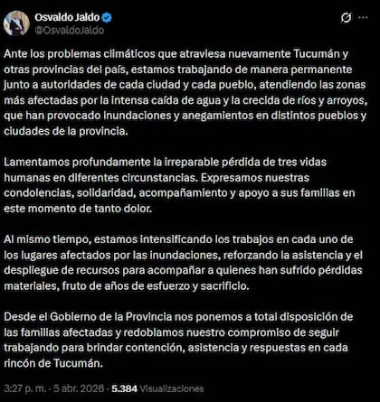 El posteo del gobernador de Tucumán ante el trágico temporal ocurrido durante las últimas horas.