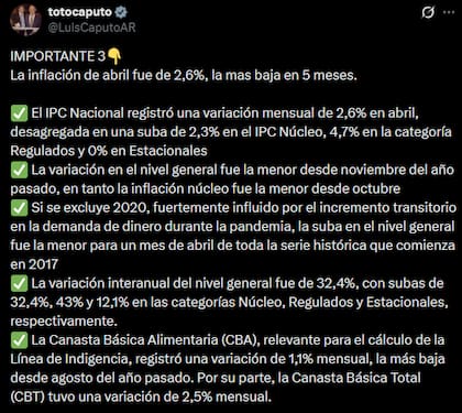 El posteo del ministro de Economía, Luis Caputo, sobre el índice de precios de abril