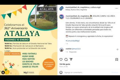 El posteo del municipio por los eventos debido al aniversario fundacional