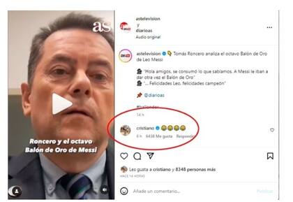 El posteo del periodista español Tomás Roncero y el comentario de Cristiano Ronaldo.