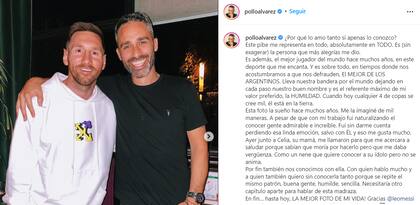 El posteo del Pollo Álvarez en alusión a la foto que se sacó con Lionel Messi
Foto: Instagram @polloalvarez