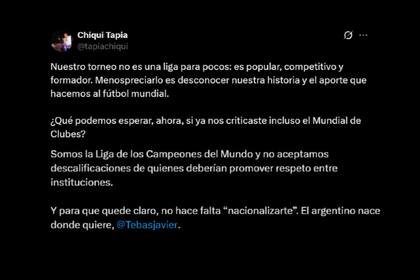 El posteo del presidente de la Asociación del Fútbol Argentino (AFA), Claudio "Chiqui" Tapia, contra su par español Javier Tevas