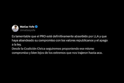 El posteo del presidente de la Coalición Cívica ARI Pilar