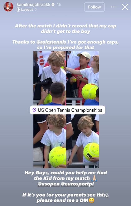 El posteo del tenista Kamil Majchrzak para contactarse con el chico al que le arrebataron la gorra