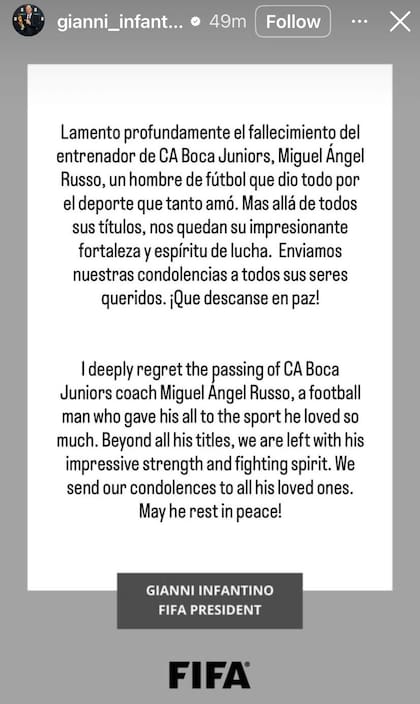 El posteo despedida de Infantino a Russo