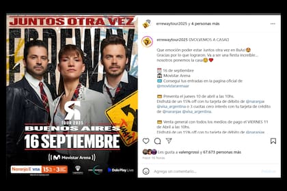 El posteo donde anuncian el show en la argentina