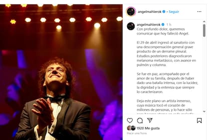 El posteo donde comunicaron la muerte de Ángel Mahler