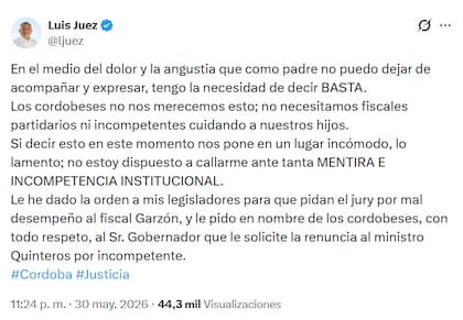 El posteo en el que Juez interpeló al ministro Quinteros