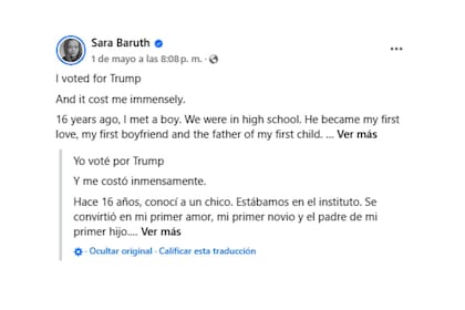 El posteo en Facebook en el que Sara Baruth expone su arrepentimiento