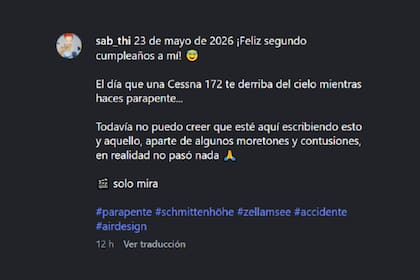 El posteo en Instagram de Sabrina, la parapentista de 44 años que fue embestida por un avioneta