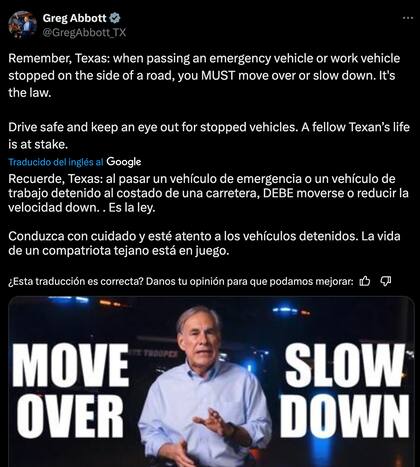 El posteo en redes sociales del gobernador de Texas, Greg Abott, sobre la ley de "move over"