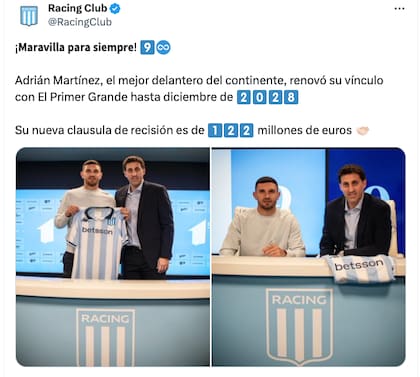 El posteo en X con el que Racing anunció la movida