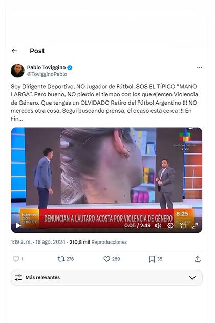 El posteo en X de Pablo Toviggino contra Lautaro Acosta, que se había quejado por los presuntos arbitrajes favorables a Central Córdoba