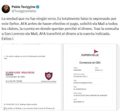 El posteo en X de Pablo Toviggino, respecto del pago de la AFA a San Lorenzo