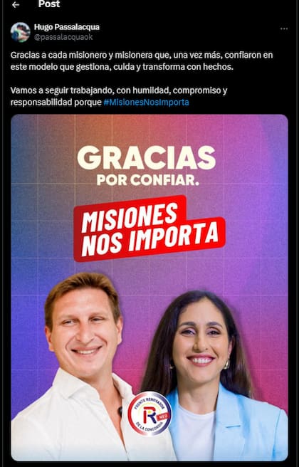 El posteo en X del gobernador misionero, Hugo Passalacqua